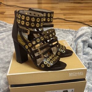 Michael Kors Brown Leather Grommet-Strap Block Heels with Gold Hardware